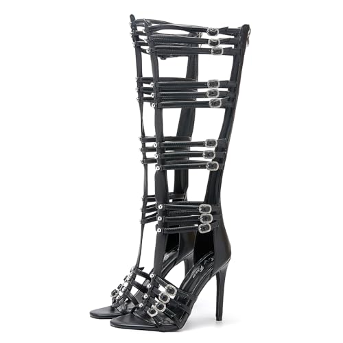 Women's Knee High Boots Hollow Open Toe Stiletto Heel Metal Bead Rhinestone Bukles 4.3IN Nightclub Party Wedding Shoes4