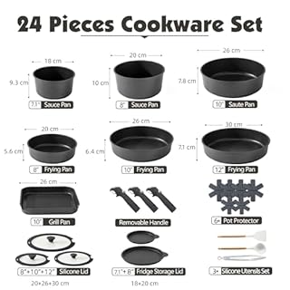 SENSARTE Set di Pentole 24 Pezzi con Manici Rimovibili, Antiaderente in Granito, Compatibile con Induzione e Gas, Include Padelle, Casseruole e Grill, Impilabile e Lavabile in Lavastoviglie