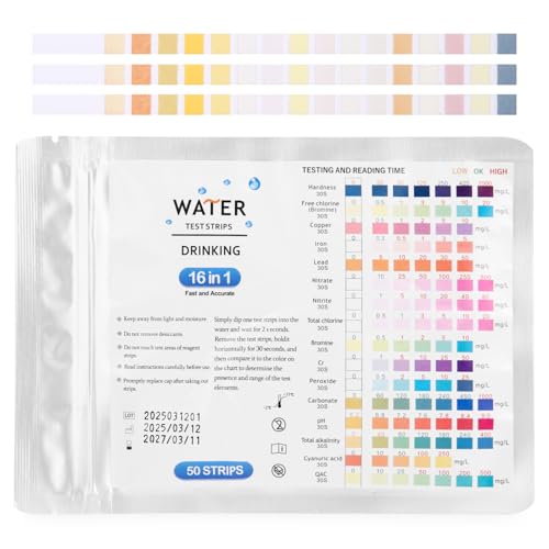 50 unidades de probadores de agua potable 16 en 1, kit de prueba de agua potable y acuario, rápido y preciso, pH, cloro, dureza, plomo, cobre y más para casa, piscina, hidroponía, orina, pozos y agua