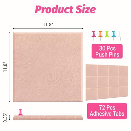 12 Pack Large Cork Board, Cork Boards for Walls, Bulletin Board Alternative, Pin Board with Push Pins & 72 Adhesive Tabs, Felt Wall Tiles for Home Office Wall Decor, 48\"X36\"