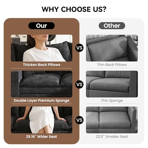 Image of 97 inch L Shaped Sectional Couch, Comfy Chenille Cloud Couch, 5 Seat Modular Cloud Sofa with 2 Pillows & Storage Armrests, Convertible V Shaped Corner Couch, Sectional Couches for Living Room, Black