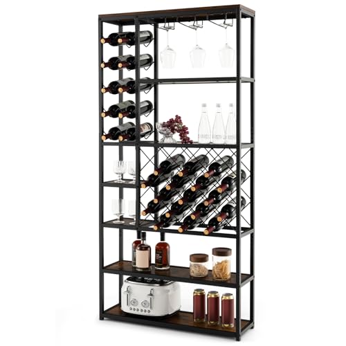 KOMFOTTEU Scaffale da Cucina con 27 Bottiglie, Scaffale per Vino con 7 Livelli di Ripiani e 3 File di Portabicchieri, Scaffalatura in Legno, Mobile Porta Microonde per Sala da Pranzo, 81 x 23 x 166 cm