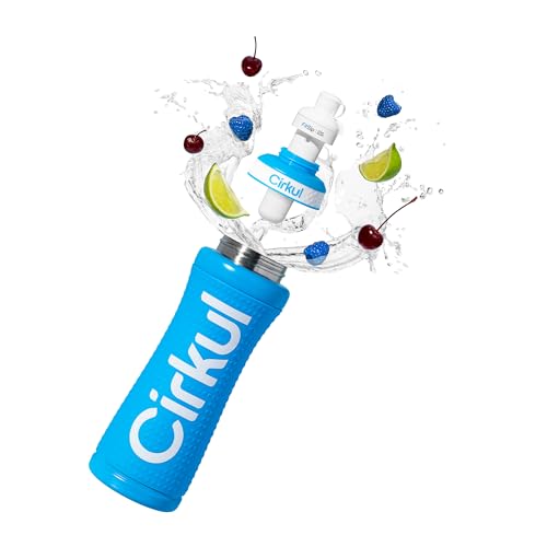 Cirkul 22oz. Blue Grip Stainless Steel Water Bottle & Sport Lid, Durable, Insulated, Protective Grip, Leakproof & Heavy Duty with Flavor Cartridge Included (FitSip Island Punch)