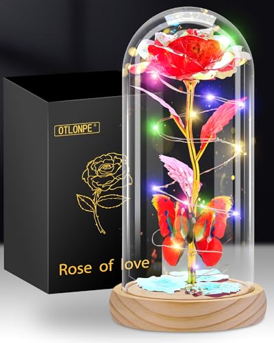 Otlonpe Glass Rose Flower - Christmas, Birthday Gifts for Women Mom Wife Girlfriend Her - Handmade Led Light Up Roses Flowers Womens Gifts for Christmas, Anniversary, Wedding, Valentines, Mothers Day