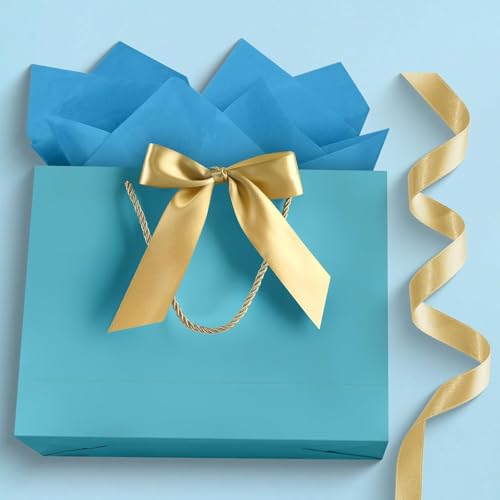 Image of JMANNI Gift Bags with Handles, 13 inch Medium Gift Bag for Presents, 1 Pcs Bags with 2 Tissue Paper and 1 Cards for Baby Shower Wedding Bridal Shower Mother's Day Birthday Party (Bule