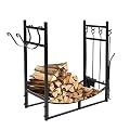 36" Heavy Duty Metal Firewood Rack Log Holder with Tool Set Indoor Fireplace Wood Storage Rack Outdoor Deck Fire Wood Holder Organizer for Firepit Stove Fire-Place