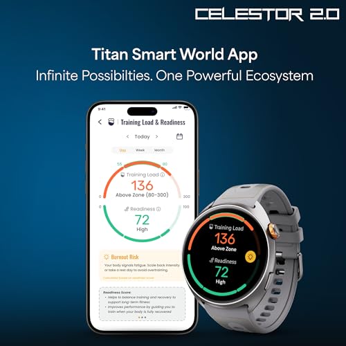Image of Titan Celestor 2.0 Smart Watch with 1.43 inch inch AMOLED Display, Dual Band GPS, ABC, Offline Maps, 5 ATM, Training Load & Readiness, Running Courses, Offline Music, Q, Hybrid Strap​ - Orion Blue