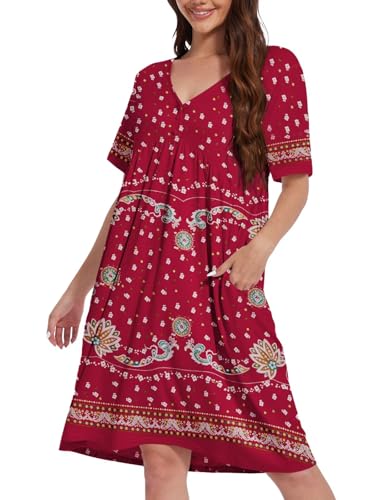 CRIPOM House Dress for Women with Pockets Moomoo Nightgowns for Women in Summer Wine Red M