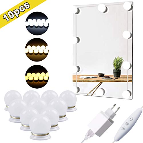 Luces LED Para Espejo, Guenx 10 Bombillas regulables Cable Hollywood, 3 Modos Ajustable de Color de Luz, Tocador, Espejo,Baño,Regalo para Fiesta,Cumpleaños [Clase de eficiencia energética A]