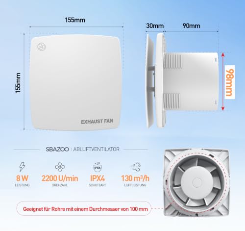 SBAZOO 100mm Leiser Badlüfter 130m³/h für Badezimmer, Garage, WC– Weiß – Ansicht 6