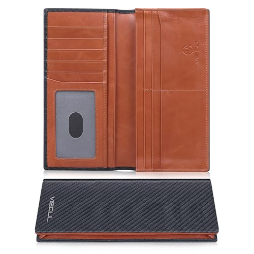 VISOUL Mens Billfold Long Checkbook Wallet Leather with RFID Blocking, Large Bifold Secretary Cash Wallet Tall with 12 Card Slots for Men (Black+Orange)