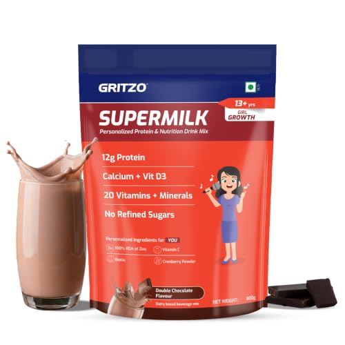 Image of Gritzo SuperMilk Growth (13+ Girl), Double Chocolate, 800g | 12g Protein with 20 Vitamins & Minerals | Zero Refined Sugar