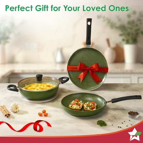 Image of Wonderchef Valencia Non-Stick Cookware 4 Pc. Set | Kadhai with Lid 24 cm, Fry Pan 24 cm, Dosa Tawa 28 cm | Pure Grade Aluminium | PFOA Free | 2-Yr Warranty | Olive Green