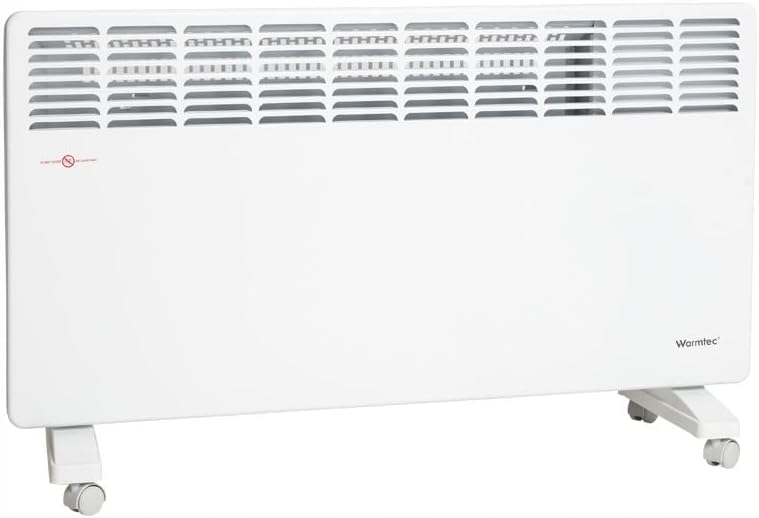 Image showing the WARMTEC EWE heater with its feet and wheels attached, ready for freestanding use.