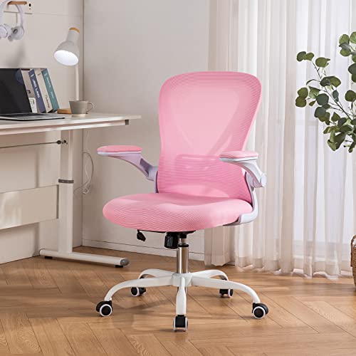 Hramk Office/ Computer Chair Mid Back Swivel Desk Chair With Flip-Up Arms, Breathable Mesh, Lumbar Support Task Chair With Wheels, Height Adjustable (Pink) #TOP1