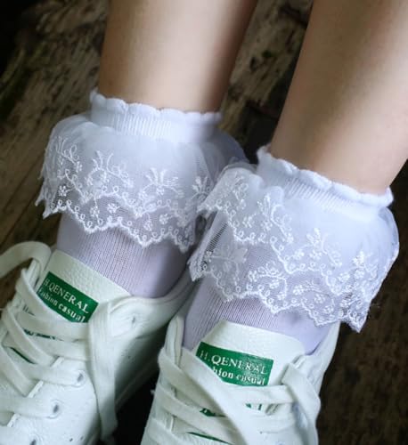 Image of Women Double Layer Ruffle Socks, Lace Trim Ankle Princess Dress Socks 3 Pairs (Green)