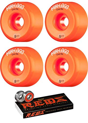 Mini Logo 53mm A-Cut Hybrid Orange Skateboard Wheels - 90a with Bones Bearings - 8mm Bones Reds Precision Skate Rated Skateboard Bearings (8) Pack - Bundle of 2 Items