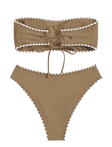 Image of ZAFUL Women's High Cut Bandeau Bikini Set Strapless Solid Color 2 Pieces Bathing Suit Swimsuit