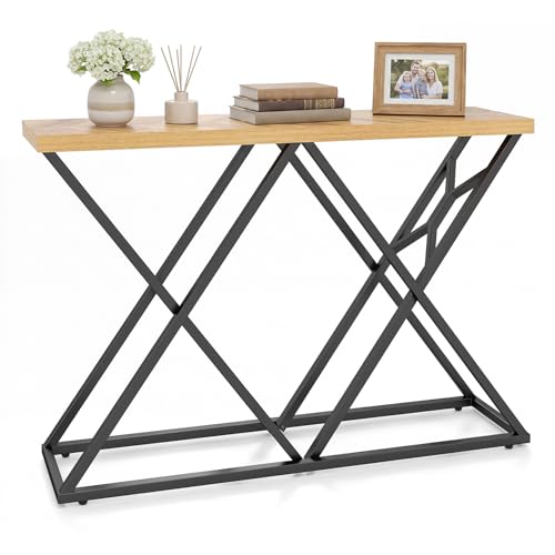 Lifezeal mesa consola natural, mesa de entrada con base de metal geométrico, mueble de entrada estilo granjero e industrial para pasillo, salón, comedor