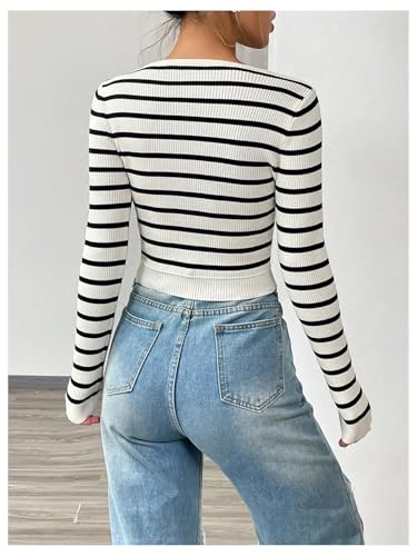 Image of SOLY HUX Women's Fall Striped Crop Sweater Scoop Neck Long Sleeve Ribbed Pullover Jumper Tops White and Black Small