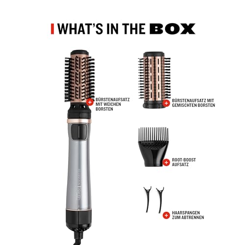 Remington Warmluftbürste rotierend [automatisch] Keratin Protect (inkl.3 Aufsätze: 2 Rundbürsten+Haaransatz-Booster für mehr Volumen) + Haarklammern, Keramikbeschichtung mit Mandelöl, AS8811,Grau