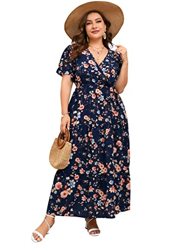 Image of ShopWonder Womens Plus Size V Neck Wrap Maxi Dress High Waist Ruffle Summer Casual Dress with Belt