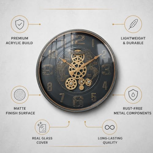Image of ARMONIA ChronoGear Wall Clock - 50cm Large Industrial Real Moving Gear Analog Clock | Premium Acrylic Build | Vintage Brown Mechanical Design | Modern Home & Office Decor