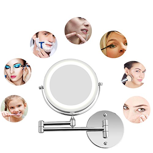 BATHWA Wall Mounted Mirror LED Beauty Mirror 1X/5X Magnification Double Side, Folding Vanity Lamp Retractable 360 Rotating Function Shaving mirror, Powered by 4 x AAA Batteries (not included)