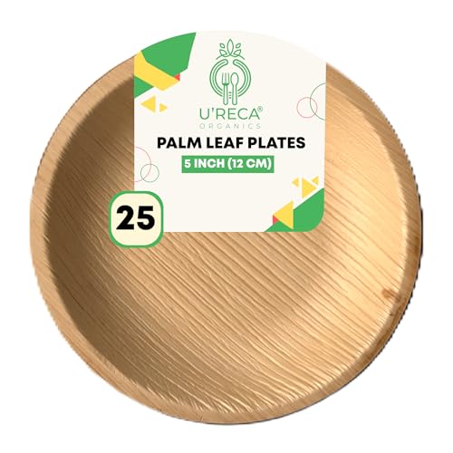 U'reca Organics Eco-Friendly Areca Palm Leaf Round Plates | 5 - Pack of 25 | Great for Dips, Fruit Slices & Finger Foods | Compostable, Heavy-Duty, Leakproof