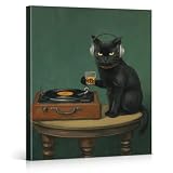 Moody DJ Black Cat Bar Wall Art Decor Vintage Cat Record Player Print Picture Whimsical Wall Decor for Bar Cart Man Cave Living Room 8x10 Inch Canvas Framed
