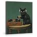 Moody DJ Black Cat Bar Wall Art Decor Vintage Cat Record Player Print Picture Whimsical Wall Decor for Bar Cart Man Cave Living Room 8x10 Inch Canvas Framed
