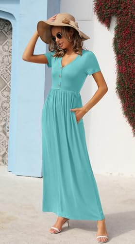 Image of GRECERELLE Womens Summer Long Maxi Dresses 2026 Short Sleeve V Neck Casual Button Dress with Pockets