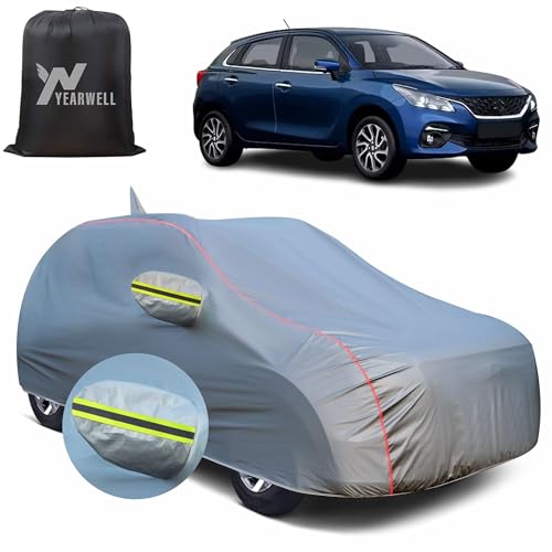Image of Car Body Cover for Maruti Baleno (2015 to 2021), 100% Waterproof, Heat-Resistant with Mirror & Antenna Pockets, Soft Cotton Lining, Triple Stitched, Green Reflector (Metallic Grey)