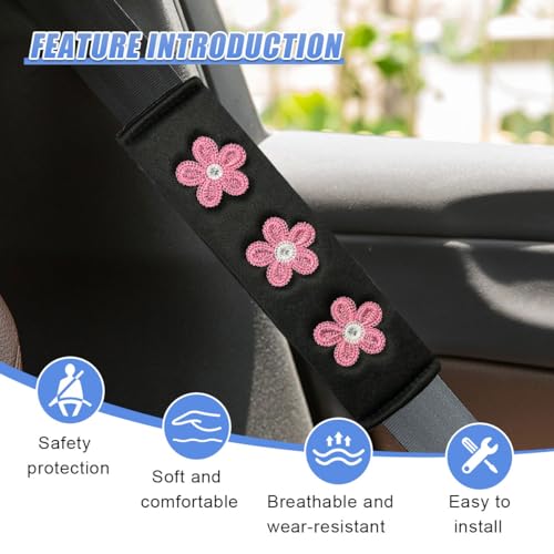 Image of 4PCS Daisy Flower Car Seat Belt Cover Pads, Protect Neck, DeepPink | Soft Breathable Auto Seat Shoulder Strap Pad, Comfortable Seatbelt Cushion, Vehicle Interior Decoration for Cars, Trucks