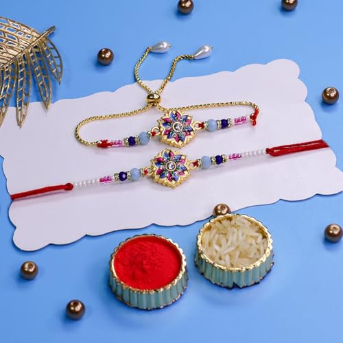 Image of Oblivion Rakhi Set for Brother and Bhabhi - Peacock with Feather Gift for Bhai & Lumba for Bhabhi with Silver Colour Coin and Greeting Card - Raksha Bandhan Combo