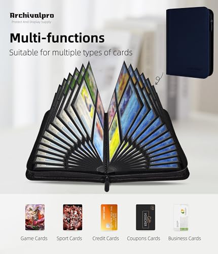 Image of Premium 4 Pocket Card Binder, Holds 160 Cards for MTG TCG Sports Game Cards(Blue,4 Pocket) | Side-loading card binder with zipper and no-ring design. Holds 160 cards in clear pockets.