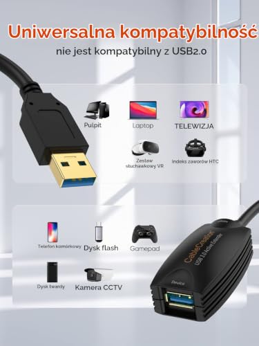 CableCreation USB 3.0 aktywny kabel przedłużający, wtyczka USB na gniazdo kabel ze wzmocnieniem sygnału, kompatybilny z Oculus Rift, Quest, Link, HTC Vive, Valve Index VR, Xbox One, drukarką itp., czarny, 5 m