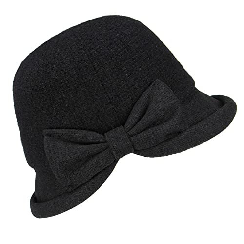 Womens 1920S Vintage Upturn Brim Wool Blend Cloche Church Hat Winter Felt Bucket Bowler Hat Crushable Foldable Black #TOP14
