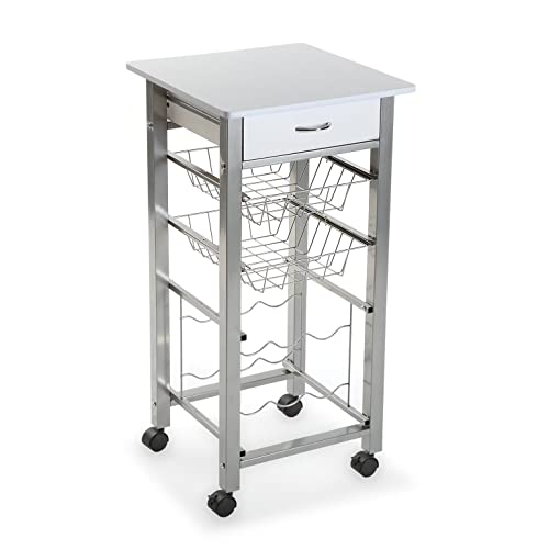 VERSA Leicester Carrello Cucina e Portabottiglie con Ruote e cassetti, Mobile Cucina, Misure (A x L x l) 82 x 40 x 40 cm, Legno e Metallo, Colore Bianco