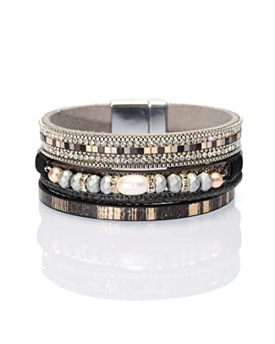 Leather Wrap Bracelet Boho Stackable Cuff Bracelets With Magnetic Clasp Accessories Jewelry Gifts For Women Teen Girls (Black(Elliptical Pearl)) #TOP8