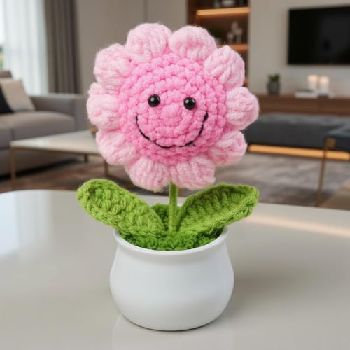 Image of 13CM Height Handmade Crochet Smiling Flower Pot for Home & Office Decor, Cute Aesthetic Desk Showpiece, Positive Vibes Table Decor, Thoughtful Gift for Friends & Loved Ones (Sunny Smile Pink)