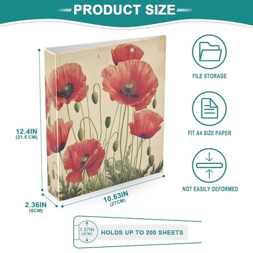 Image of 3 Ring Binder Red Poppy Flowers Vintage Poppies Floral 1.5 inch Binders Three Ring Binders with Clipboard Fit 8.5'' x 11'' Paper 3 Interior PVC Clear Pockets for Office Supplies