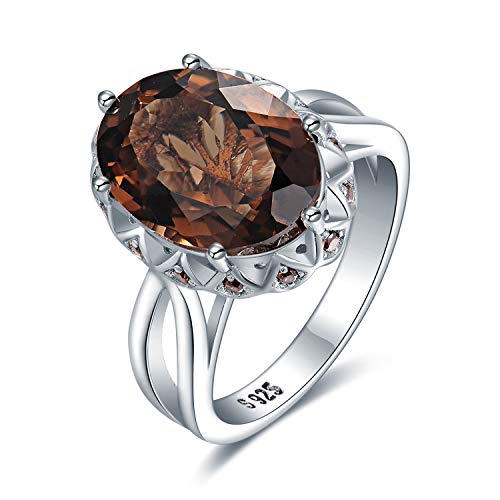 JewelryPalace Huge Oval Shape 5.7ct Genuine Smoky Quartz Cocktail Rings for Her 14K White Gold Plated 925 Sterling Silver Ring for Women Natural Gemstone Jewelry Sets Rings 8