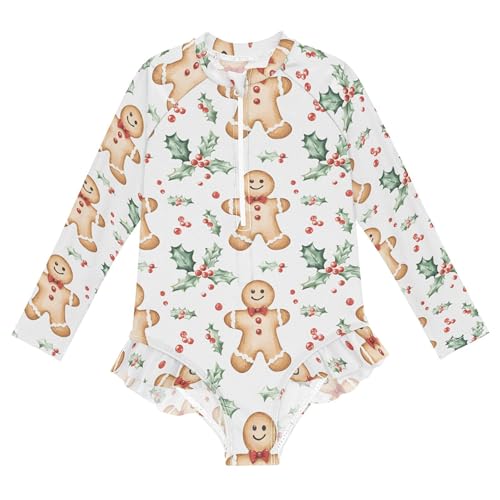 Christmas Xmas Gingerbread Man Girls Long Sleeve Rashguard Swimsuit One-Piece Swimwear Bathing Suit B0403604