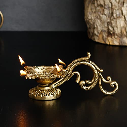 Image of eCraftIndia Ethnic Carved Brass Diya with 4 Wicks for Pooja Room and Temple, Gold, One Size (BDP504)