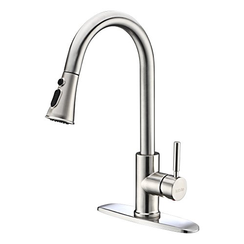 Kitchen Faucets with Pull Down Sprayer - Kablle Commercial Single Handle Brushed Nickel Kitchen Faucet, Single Level High Arch Pull Out Stainless Steel Kitchen Sink Faucets with Deck Plate