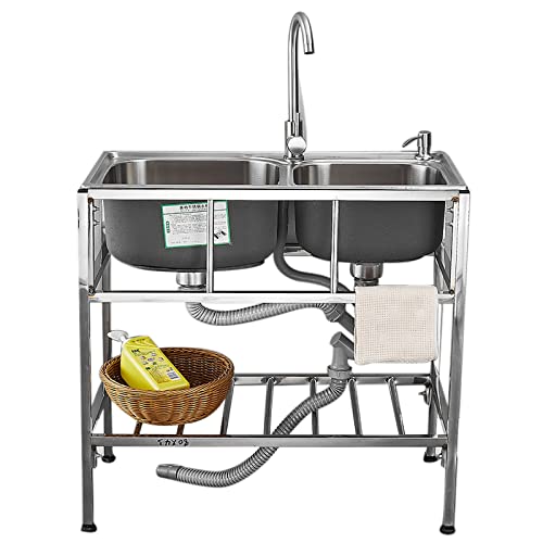 Evier Inox Professionnel，75x40x75cm/80x43x75cm evier cuisine 2 bacs,bassin plonge cuisine sur pied avec robinet,Facile à Nettoyer/Support Renforcé,Evier utilitaire acier inox pour l'extérieur ( Color