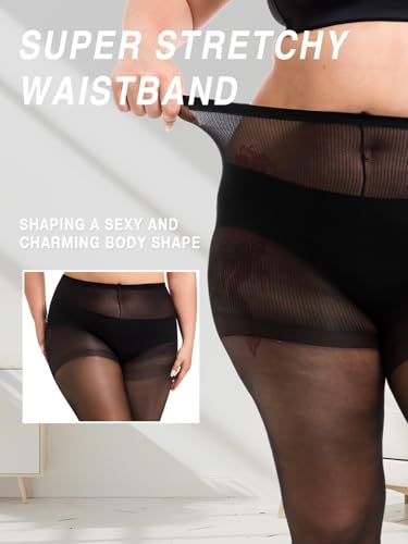 Image of MERYLURE Plus Size Sheer Tights for Women,20D Control Top Pantyhose Reinforced Toes High Waist Stockings 3 Pairs 1XL-6XL