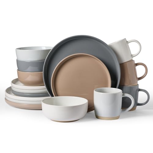 Image of Famiware Milkyway Stoneware Dinnerware Sets with Mugs, Service for 4 (16pcs), Plates and Bowls Sets, Scratch Resistant, Microwave and Dishwasher Safe Dishes Set, Multi-color