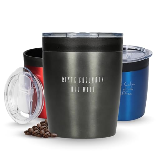 Edelstahl Thermobecher personalisiert - auslaufsicherer und doppelwandiger Kaffeebecher - Geschenk Weihnachten für Männer, Frauen und Kollegen - 280 ml Coffee to go Becher mit Wunschgravur, grau